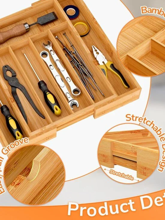 Bamboo Expandable Drawer Organizer, 5-7 Slots Kitchen Drawer Organizer, Adjustab - Picture 4 of 7